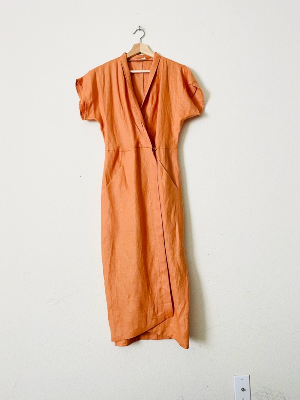 Linenfairytales SMALL 100% linen orange tailored midi wrap dress in orange